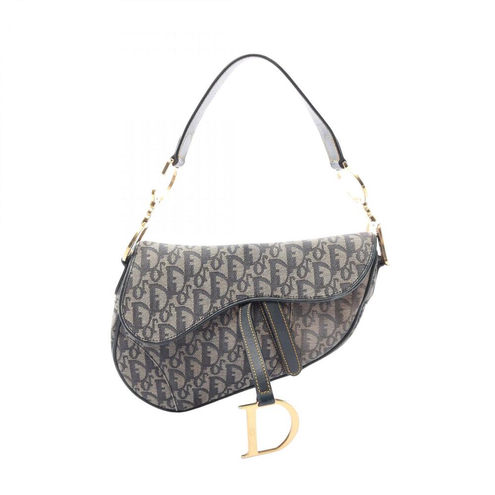 Christian Dior Saddle Bag Trotter Handbag Canvas Leather Gray Navy Blue